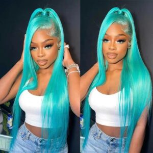 13x4 Transparent Lace Front Wig Light Blue Green Colored Straight Remy Lace Frontal Human Hair for Women Pre Plucked Wholesale